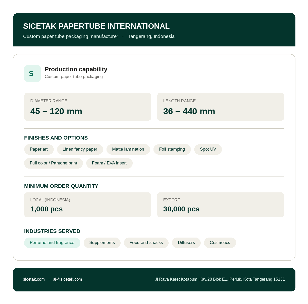 Sicetak custom paper tube packaging production capability — diameter, length, MOQ
